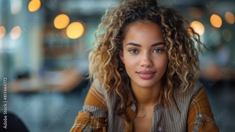 A young woman with curly hair is looking at the camera. She is wearing a brown sweater. The background is blurred. A young woman with curly hair is looking at the camera. She is wearing a brown sweater. The background is blurred.