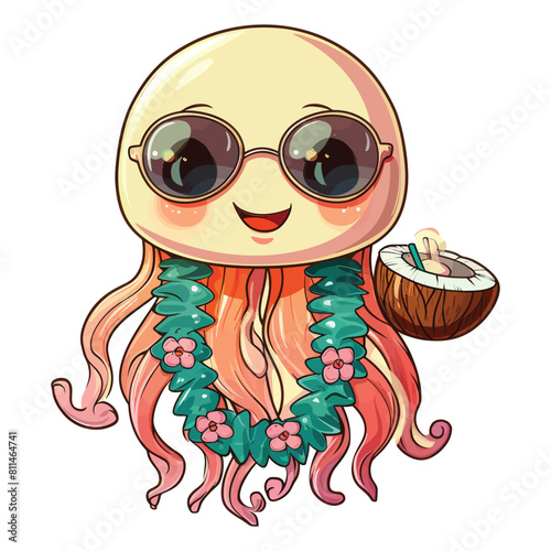 Colorful cartoon illustration of a jellyfish in different settings including the sea, wearing a hat, and with a fish, featuring decorative and floral patterns with a fun and artistic design