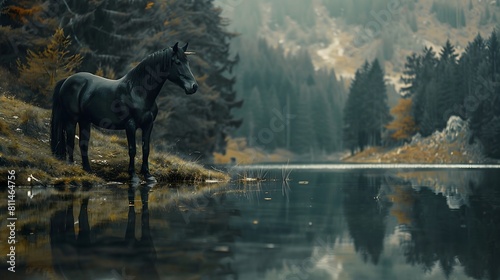  Enigmatic black horse standing beside a tranquil lake, its reflection shimmering in the water.   © Zestify