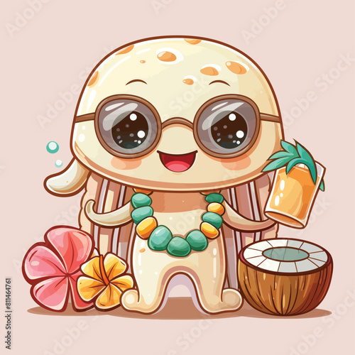 Colorful cartoon illustration of a jellyfish in different settings including the sea, wearing a hat, and with a fish, featuring decorative and floral patterns with a fun and artistic design