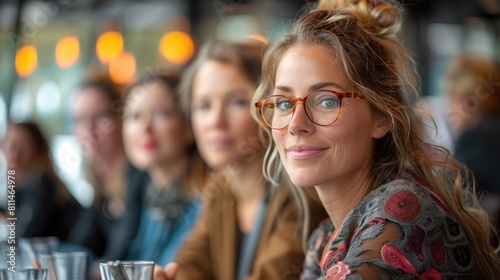 Close-up portrait of a beautiful woman with glasses smiling in a restaurant with friends in the background