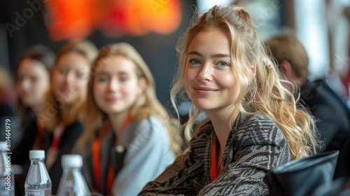 Close-up portrait of a young woman with long blond hair smiling at the camera with blurred background.