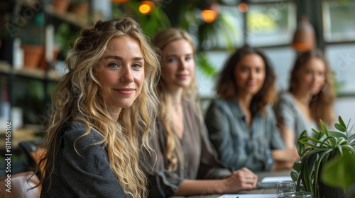 Confident businesswomen in casual clothes sitting at a table in a cafe and looking at the camera.