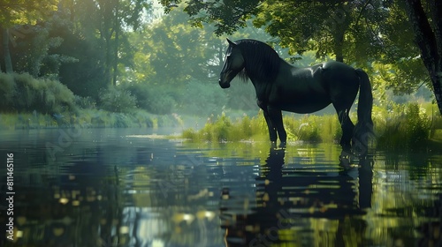  Enigmatic black horse standing beside a tranquil lake, its reflection shimmering in the water. 