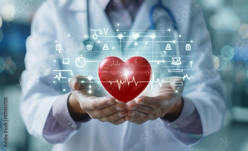 Minimalist red heart symbol in the hands of a doctor on a virtual screen with medical icons, in the style of a health care concept background.
