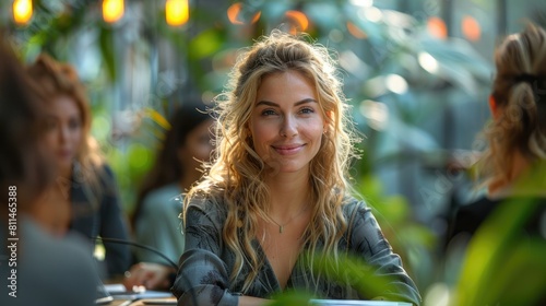 Portrait of a beautiful young woman with long blond hair smiling at the camera.