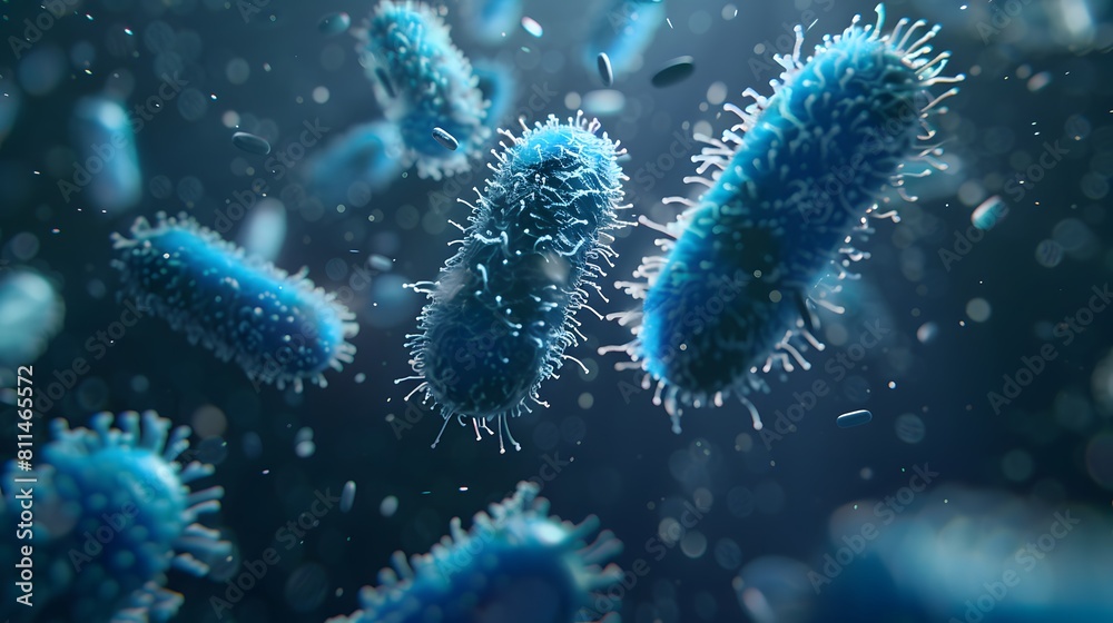 Bacteria, microwaiting in the air. The background is dark blue with light shining on it. Bacteria, microwaiting in the air. The background is dark blue with light shining on it.