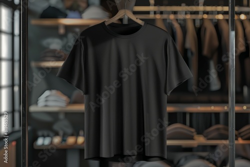 A black shirt is hanging on a rack in a store