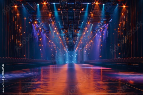 A long, empty stage with blue and orange lights. Fashion show catwalk or podium stage