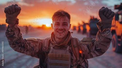 Soldier celebrating his homecoming from war