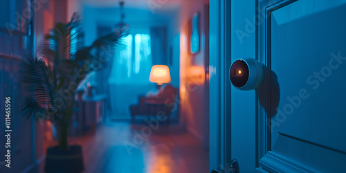 Smart Home Security: Digital Door Monitoring, Night Watch: Enhanced Safety with IoT Doorbell, Smart Door Lock in a Cozy Home Hallway with Warm Ambient Lighting