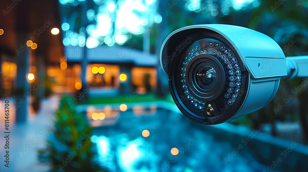 Closeup of an outdoor security camera to capture, monitor and detect movements around the residential area Closeup of an outdoor security camera to capture, monitor and detect movements around the residential area