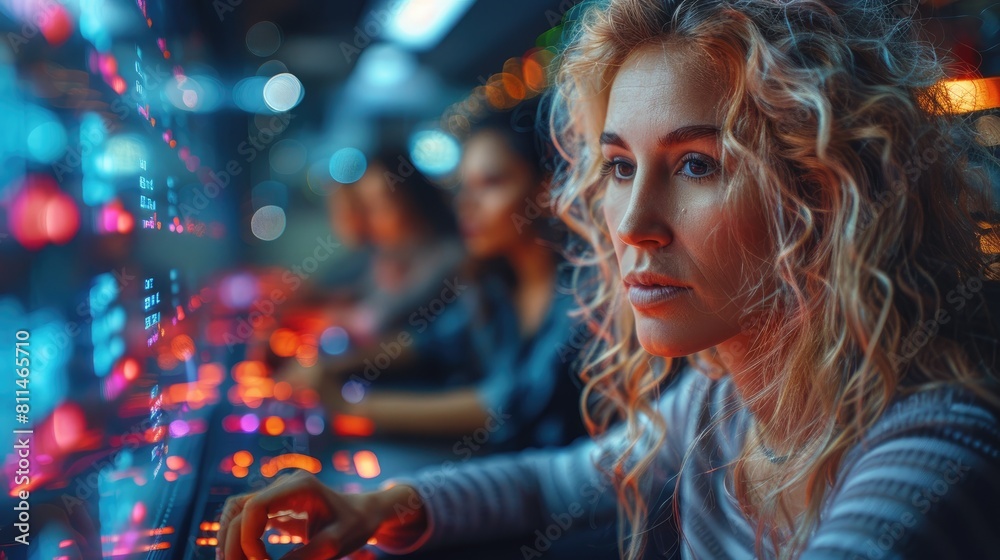 Thoughtful female looking at the digital screen with blurred background of people and lights. Thoughtful female looking at the digital screen with blurred background of people and lights.