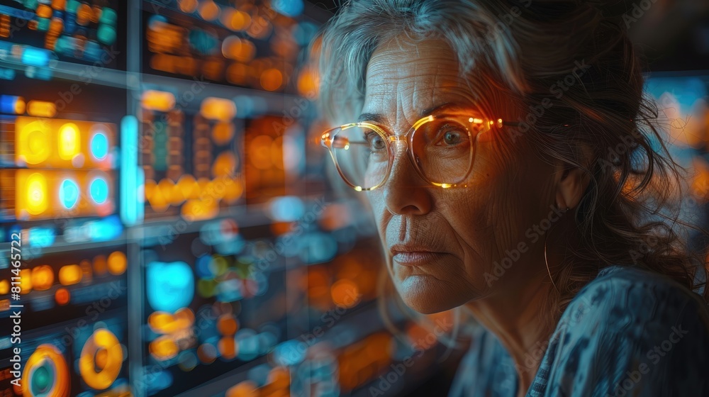 Thoughtful senior woman wearing glasses looking at a computer screen full of data. Thoughtful senior woman wearing glasses looking at a computer screen full of data.