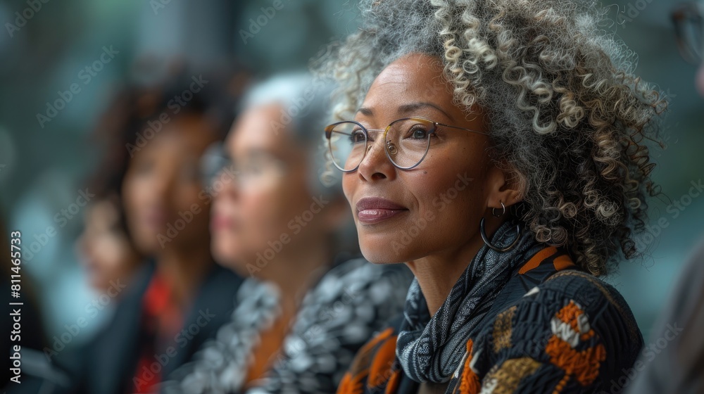 Thoughtful woman with gray hair wearing glasses looking away Thoughtful woman with gray hair wearing glasses looking away