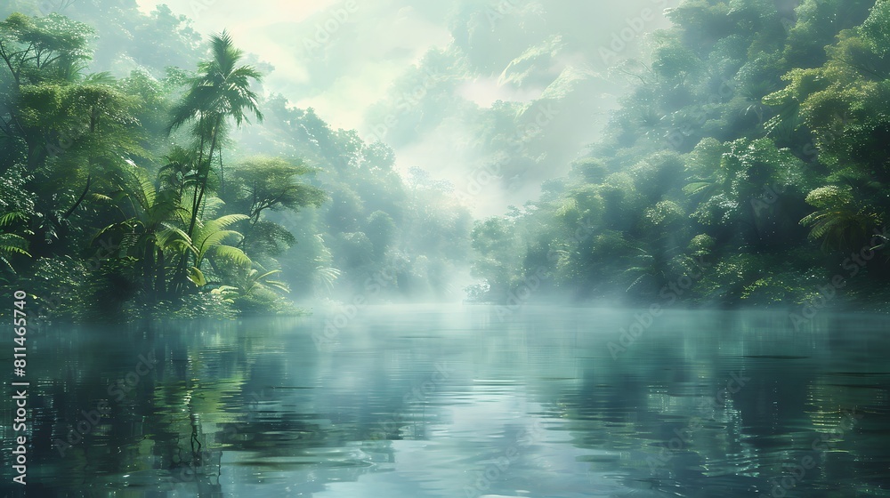 A calm lake surrounded by dense jungle, shrouded in mist and fog. The water reflects the lush greenery of rainforest trees on its surface. A calm lake surrounded by dense jungle, shrouded in mist and fog. The water reflects the lush greenery of rainforest trees on its surface.