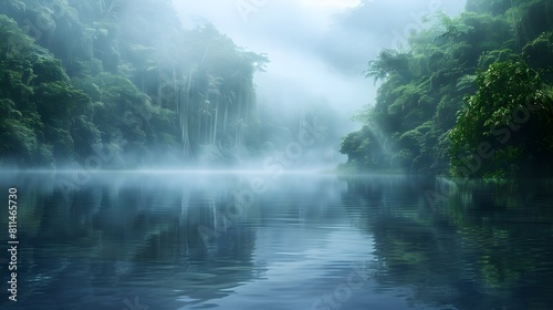 A calm lake surrounded by dense jungle  shrouded in mist and fog. The water reflects the lush greenery of rainforest trees on its surface. 