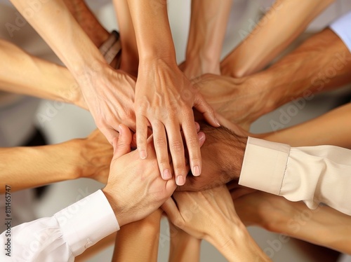 Photo of team building hands together  top view  office people.