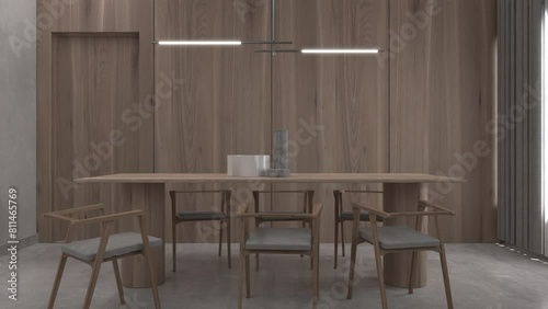 Minimalist Interior Animation of a Dining Room with a Wood-based Theme. Rendered 3D Illustration.