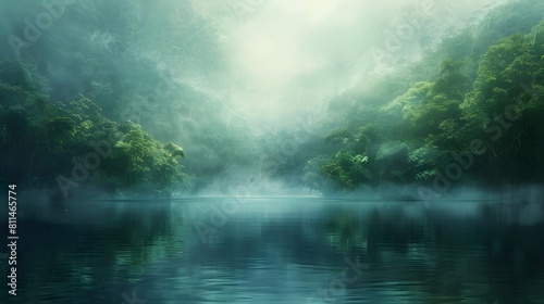 A calm lake surrounded by dense jungle  shrouded in mist and fog. The water reflects the lush greenery of rainforest trees on its surface. 