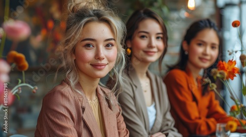 Three beautiful young women sitting at a table in a restaurant or cafe, smiling and talking. photo