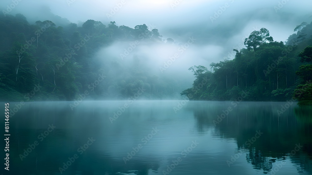 A calm lake surrounded by dense jungle, shrouded in mist and fog. The water reflects the lush greenery of rainforest trees on its surface. 