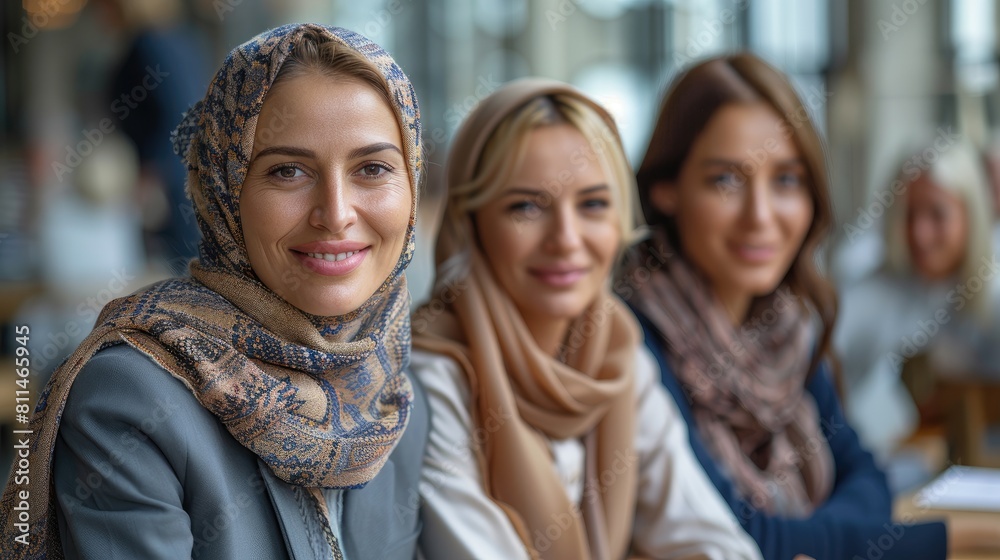 Three young women of Middle Eastern descent are sitting in a cafe and talking. They are all wearing headscarves. Three young women of Middle Eastern descent are sitting in a cafe and talking. They are all wearing headscarves.