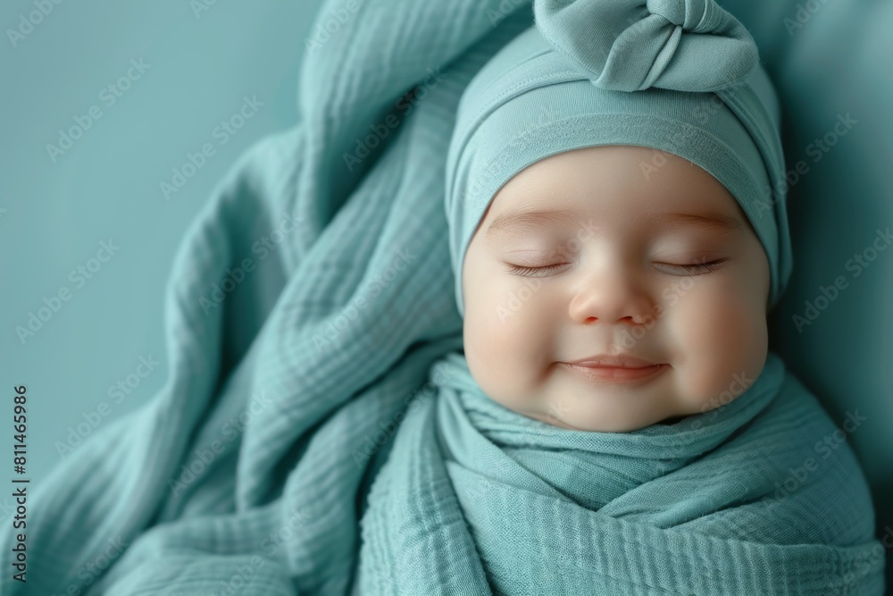 A baby is sleeping with a blue blanket and a blue hat on A baby is sleeping with a blue blanket and a blue hat on