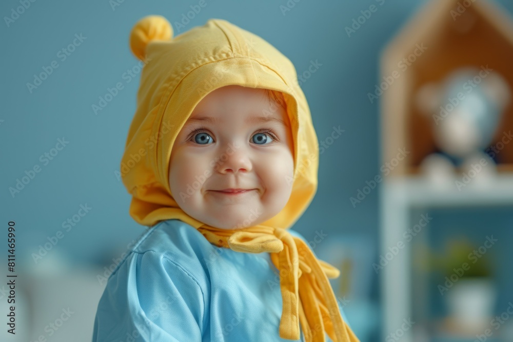 A baby wearing yellow hat and blue shirt is smiling A baby wearing yellow hat and blue shirt is smiling