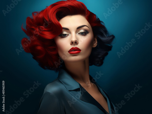 A beautiful woman with blue hair and red lipstick is rendered photorealistically, her soviet style and mashup of styles apparent in dark brown and red. photo