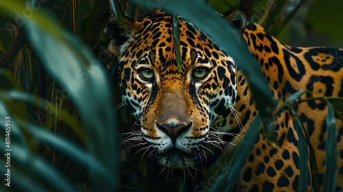  Enigmatic jaguar stealthily camouflaged amidst dense Amazon rainforest foliage. 
 photo
