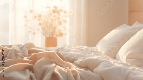 A bed with beige linens creates soothing landscapes, its hazy atmospheres and light-filled warmcore apparent. photo