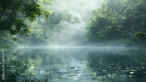 A calm lake surrounded by dense jungle  shrouded in mist and fog. The water reflects the lush greenery of rainforest trees on its surface. 