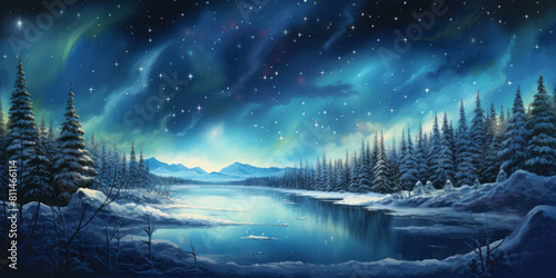 A snowy landscape at night is full of conifers and lights, creating spectacular backdrops in sky-blue. photo