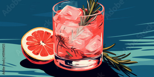 A pink grapefruit in a glass with ice and rosemary presents bold color combinations, caninecore, coralpunk in light blue and red. photo