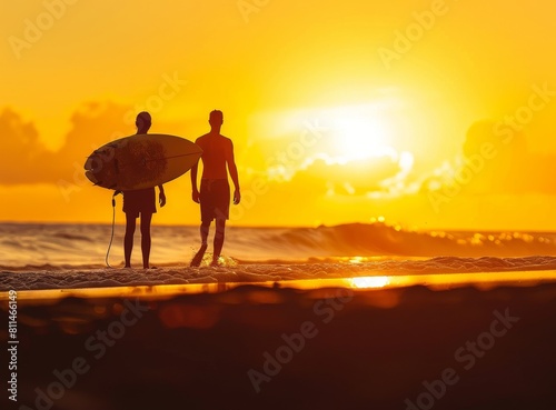 Silhouette of two surfers walking along the beach with their boards at sunset, the sky is orange and yellow, sea in the background, copy space for text. © DWN Media