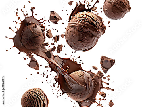 Falling, levitating chocolate ice cream scoop arranged in a captivating pattern, isolated on transparent background. 