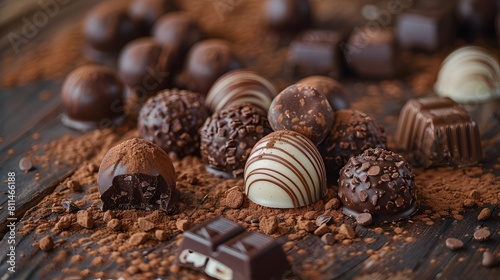 A collection of chocolates in various shapes and sizes, including sphere-shaped pralines with white chocolate inside and dark glossy exterior, placed on an table covered in chocolate dust. 