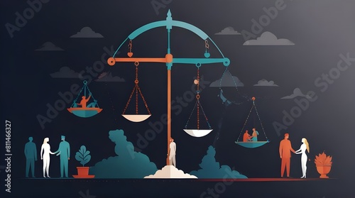 Health equity and balance compared with medical equality tiny person concept. Justice and fair availability system for all society and community vector illustration. Society healthcare solution. photo