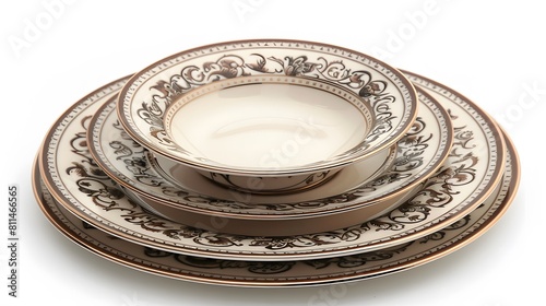 A dinner plate with an elegant pattern, placed on top of another saucer. The background is white and the plates have intricate designs in shades of brown and beige. 