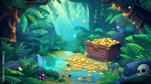 The tropical jungle forest and treasure with many gold coin, Illustration © AI-Stocks