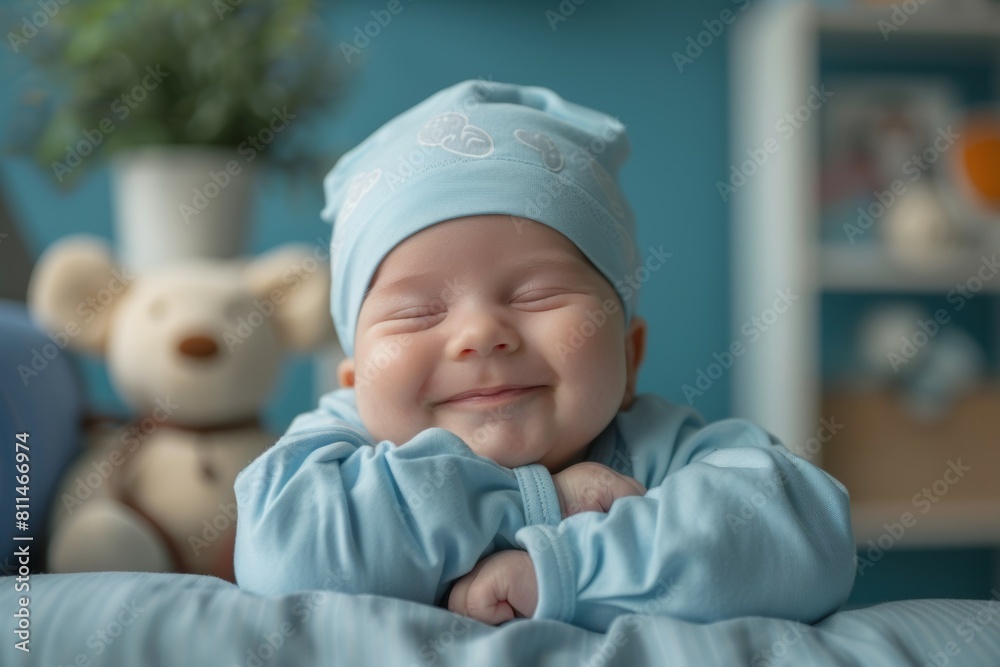 A baby is smiling and laying on a bed with a stuffed animal nearby A baby is smiling and laying on a bed with a stuffed animal nearby