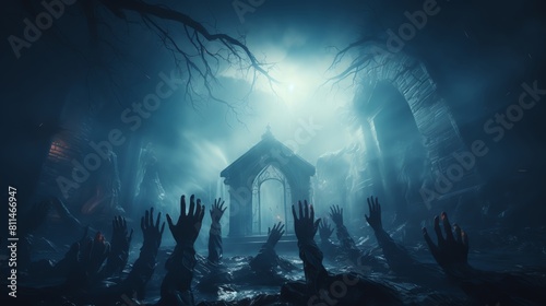 An old crypt illuminated by moonlight with creeping fog at the entrance skeletal hands reach out as if trying to escape photo