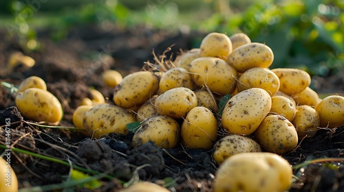 A pile of potatoes is scattered on the soil  which contains many yellow and brown potato fruits with small black spots on their skin. 
