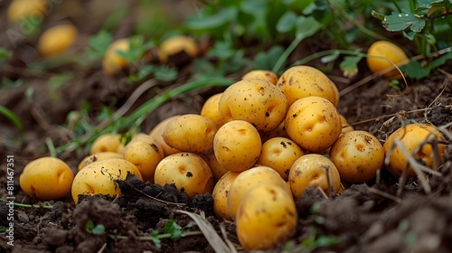 A pile of potatoes is scattered on the soil, which contains many yellow and brown potato fruits with small black spots on their skin. 