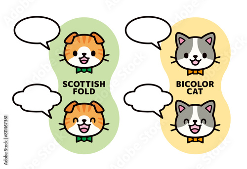 Illustration and speech balloon of a cute Scottish Fold and a Bicolor Cat wearing a bow tie
