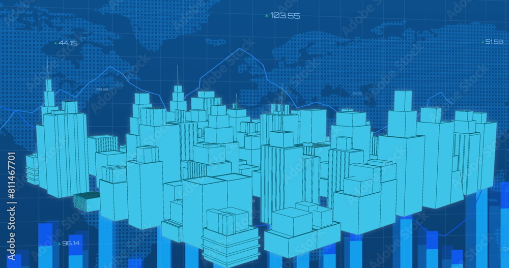 Image of financial data processing and world map over 3d cityscape drawing Image of financial data processing and world map over 3d cityscape drawing