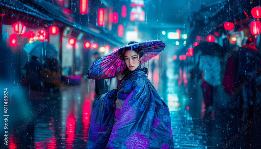 Young woman posing for a waterproof clothing commercial, in the rain, in a city in China. Young woman posing for a waterproof clothing commercial, in the rain, in a city in China.