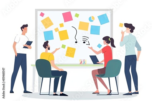 A diverse group of individuals gather around a table covered with sticky notes, engaged in a workshop or business discussion meeting. Generative AI