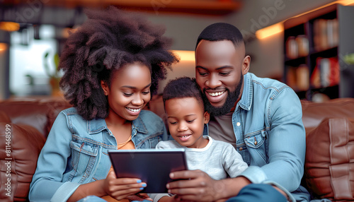 Happy family smiling with a tablet. Parents and son watching videos via tablet.